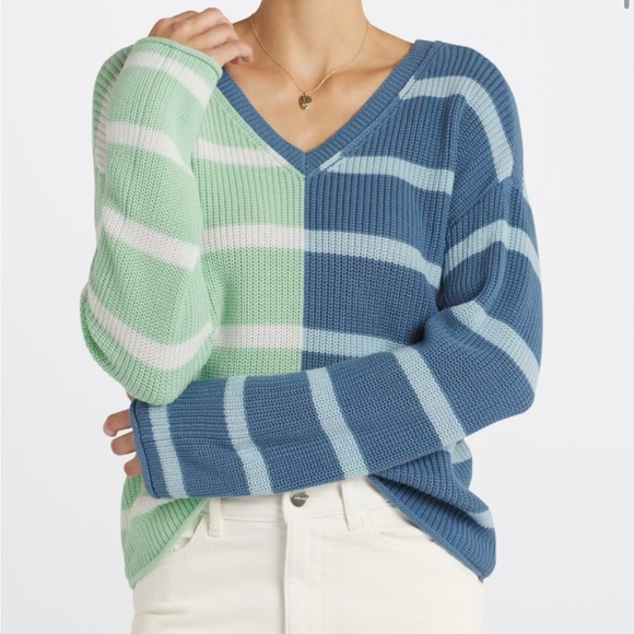 Lety & Me Sweaters - Peace Double V Sweater Striped V-Neck Sweater - Blue and Green Size M